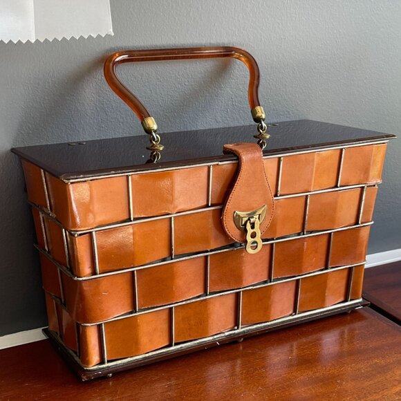 Vintage Dorset-Rex Fifth Ave Woven Leather Basket Lucite Box Purse Handbag MCM - Picture 4 of 10